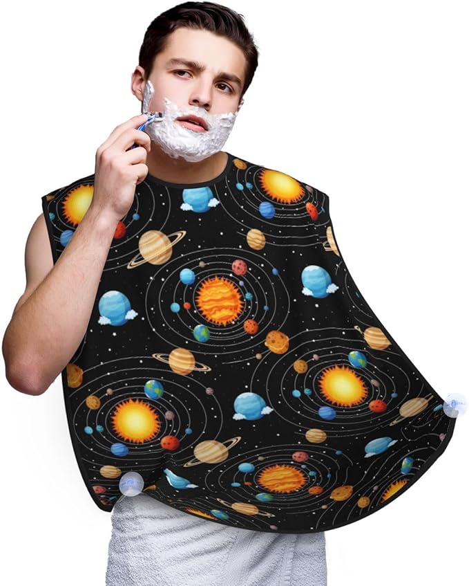 Men's Shaving Accessory Solar System Galaxy Space Planet Black, Waterproof Beard Apron with Hair Catcher & Suction Cups