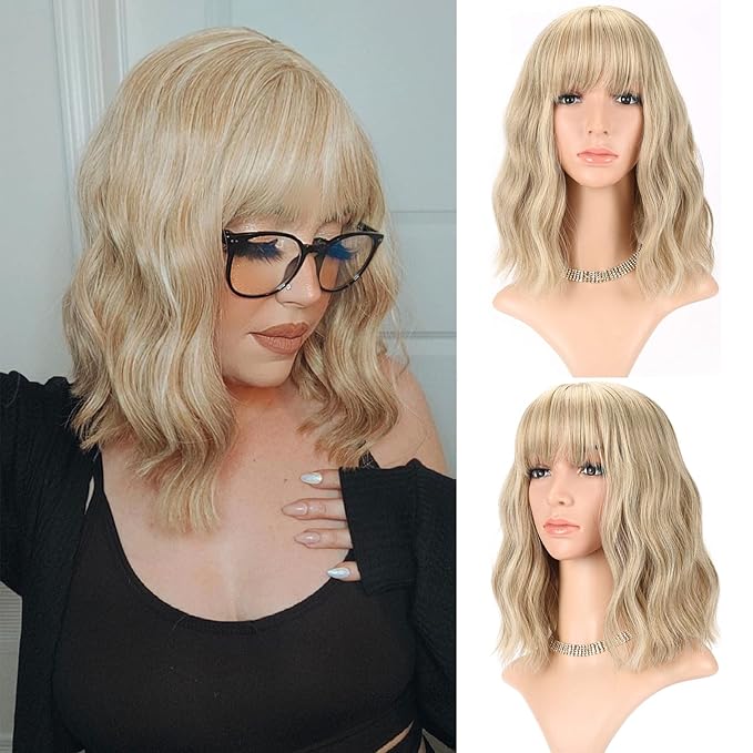 FAELBATY Blonde Wave Short Bob Wigs With Air Bangs Shoulder Length Wig For Women and Girls Curly Wavy Synthetic Cosplay Costume Wig (12" Mix blonde and gold)