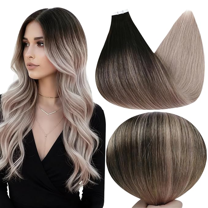 Full Shine Tape in Hair Extensions Human Hair Balayage Remy Human Hair Extensions Natural Black 1B Ombre Ash Blonde 18 Double Sided Tape in Extensions Adhesive Seamless Skin Weft 16Inch 50G 20Pcs