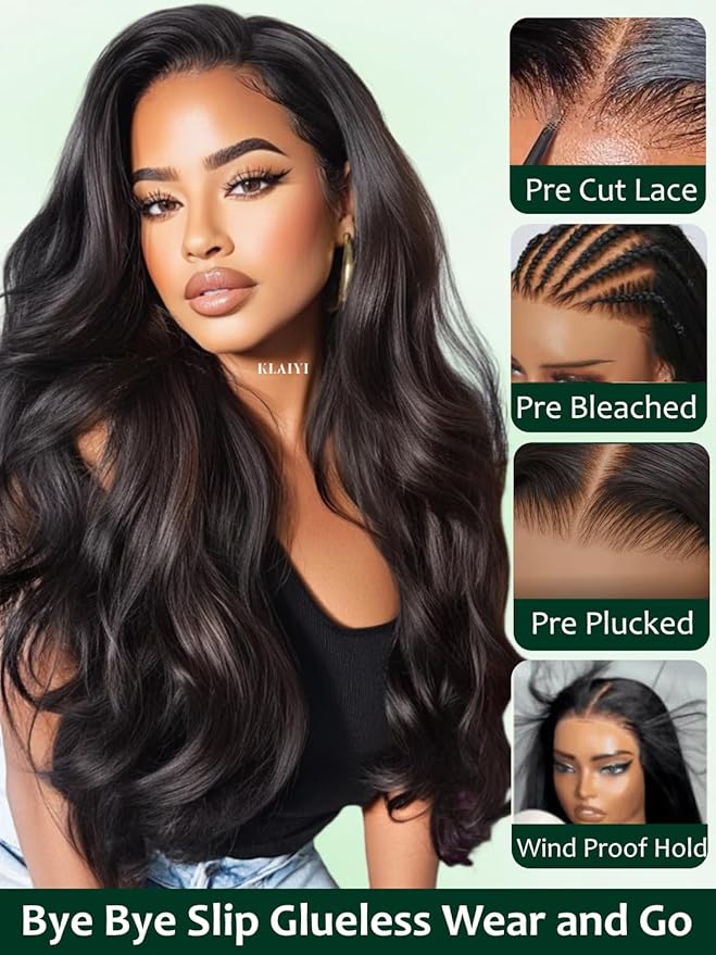 KLAIYI Bye Bye Slip™ Loose Body Wave Wig Layer Side Part 200% Density 7X5 Pre Cut Lace Front Wigs Human Hair Drawstring Glueless 30S Ready to Wear and Go Beginner Wig Pre Plucked Bleached Knots 20Inch