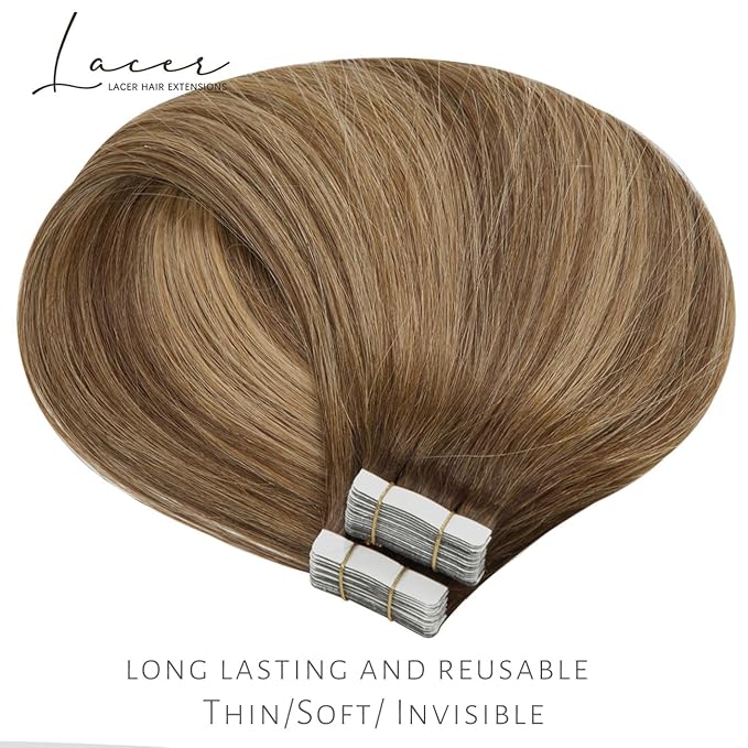 Lacer 16 Inch Tape in Hair Extensions Chocolate Brown to Dark Caramel Blonde Seamless Skin Wefts Rooted Tape in Hair Extensions 50 Grams 20Pcs