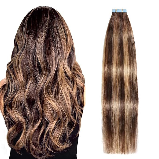 SUYYA Tape in Hair Extensions Human Hair 50g/pack 20pcs Straight Balayage Seamless Skin Weft Tape in Real Hair Extensions Ombre Chocolate Brown to Caramel Blonde(24inch #P4/27/T4)