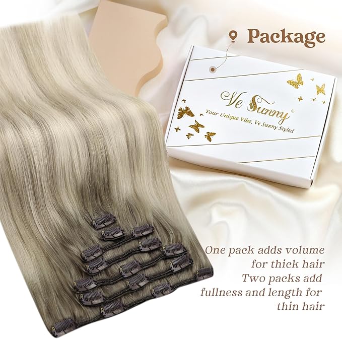 Ve Sunny Real Hair Extensions Clip in Human Hair Ash Grey Balayage Platinum Blonde Hair Extensions Clip ins Ombre Remy Straight Human Hair for Women 7pcs 120g 14 inch