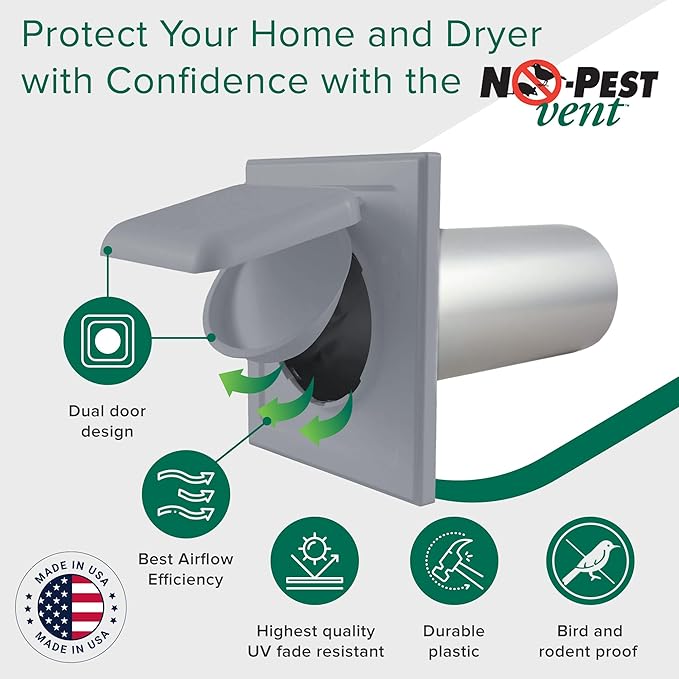 NO-PEST VENT, Exclusive Dual Door Dryer Vent Cover Outdoor 4 inch or Bathroom fan, Made in USA w Highest UV Resistant Plastic in any Outdoor Vent Cover (Slate Grey, 4 inch With 12" Duct Tube)