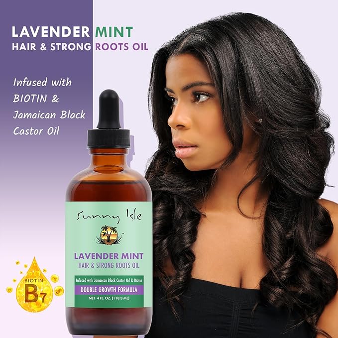 Sunny Isle Lavender Mint Hair and Strong Roots Oil 4oz | Infused with Jamaican Black Castor Oil and Biotin | Strengthen and Nourish Hair Follicles | Dry Scalp, Split Ends | Double Growth Formula