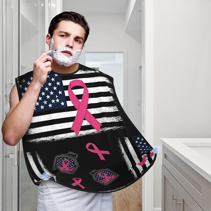 Ultimate Shaving Bib, Beard Trimming Apron with Hair Catcher, Breast Cancer Awareness Ribbon American Flag Black