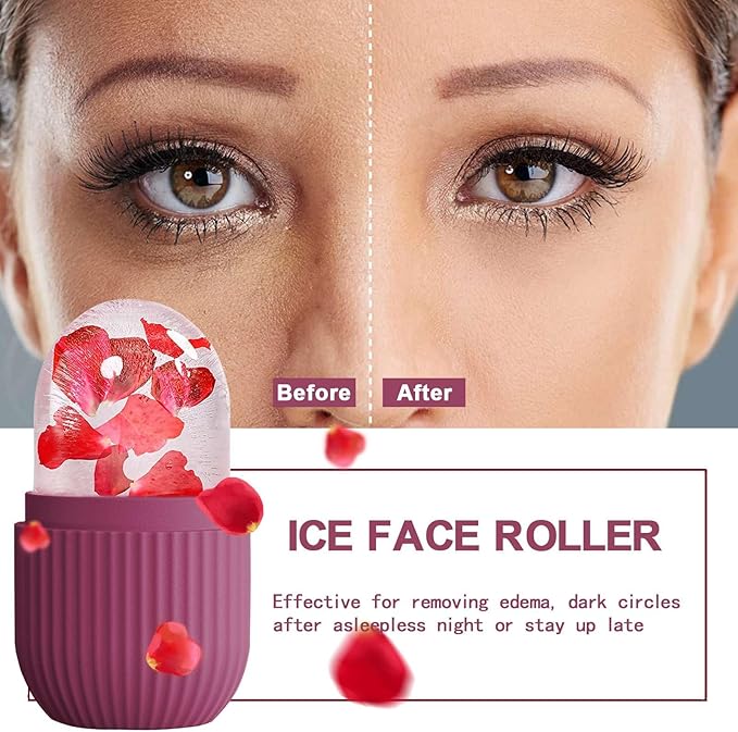 XHJRI Ice Face Roller Massager,Ice Cube Roller for Face, Eyes and Neck Naturally Conditioning and Skin Care,De-Puff Eye Bags,Reduce Migraine Pain,Reusable Massage Silicone Ice Mold (Rose)