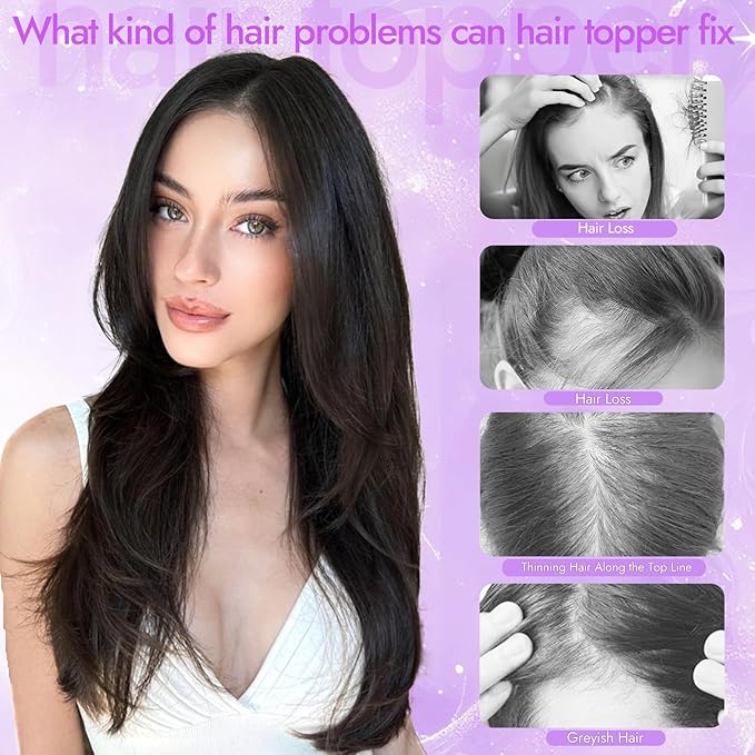 Soft Black Synthetic Hair Toppers for Women with Thinning 3D 360° Cover Clip in Wispy Bangs Upgraded Adjustable Bandage 18 Inch Long Layered