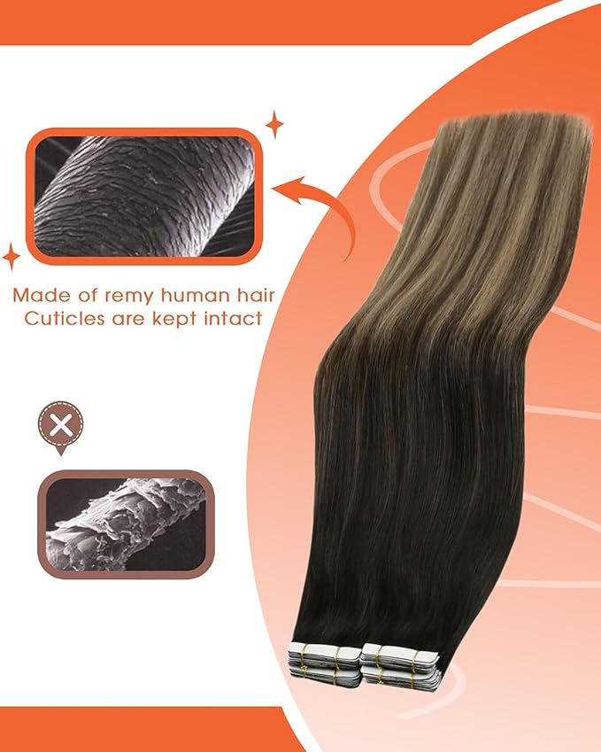 Sunny Hair Tape in Hair Extensions Real Human Hair Invisible Remy Hair Extensions Tape ins for Women Natural Black Ombre Dark Brown Balayage Ash Blonde 16 inch 25G
