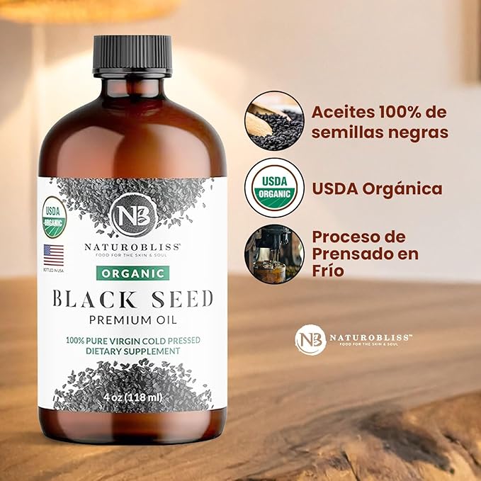 NaturoBliss Organic Black Seed Oil 100% Virgin Cold Pressed Omega 3 6 9 Super Antioxidant for Immune Support, Joints, Mobility, Digestion, Hair Skin Vegan, Gluten-Free, Non-GMO USDA Certified 4oz