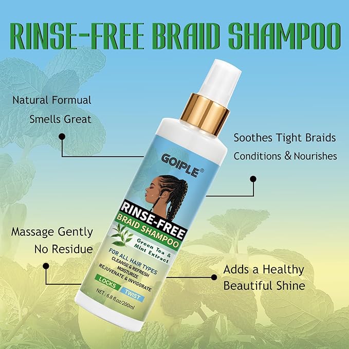 No-Water Braid Shampoo for Locs, Twists, Weaves - Rinse-Free, Dreadlock Shampoo for Build-Up, Odor, Itch & Flakes, No Residue, Chemical-Free, 6.8 fl oz