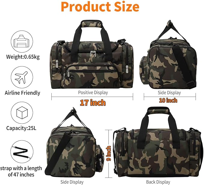 17 inch Small Duffle Bag - Carry On Personal Item Bag for Travel Gym Sport - Camo