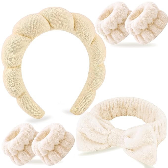 Zkptops 6Pcs Spa Headband for Washing Face Wristband Set Sponge Makeup Skincare Terry Cloth Headband Bubble Soft Get Ready Hairband Women Puffy Padded Headwear Non Slip Hair Accessory(Beige)