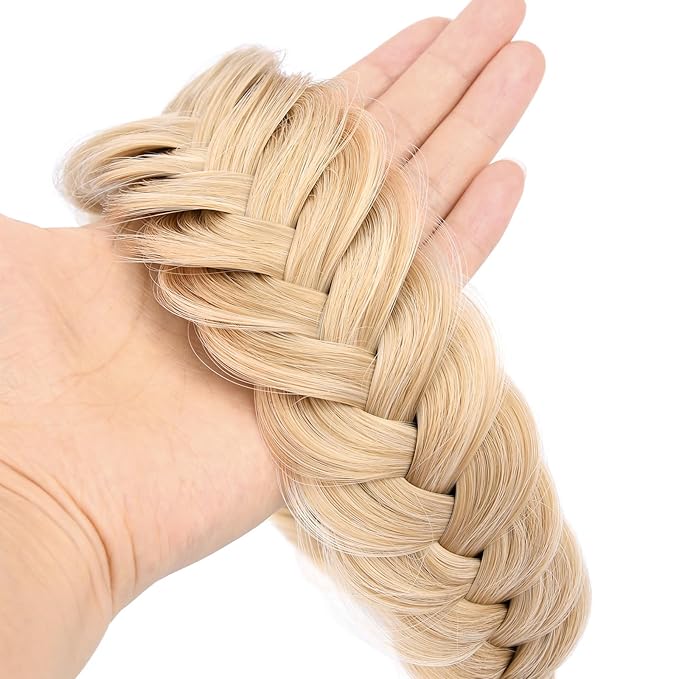 DIGUAN Wide Messy Braided Headband With Teeth Synthetic Hair Plaited Headband High Elasticity Braids Chunky Fishtail Braided Hair Band Hairpiece for Girls Women Beauty Accessory (Honey Blonde)