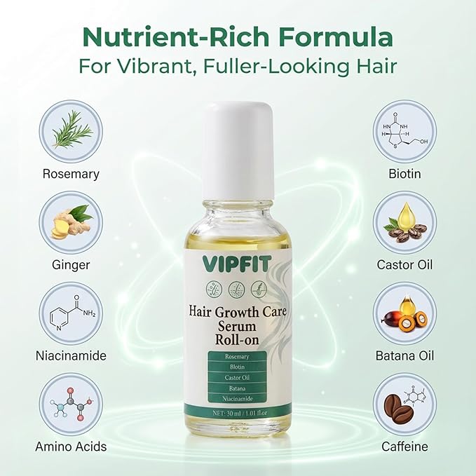 Hair Growth Care Serum Roll-On with Rosemary, Niacinamide, Amino Acids, Ginger, Biotin, Castor Oil, Batana & Caffeine, Nourishes Scalp for Thicker-Looking, Healthy Hair, 30ml/1.01 fl.oz