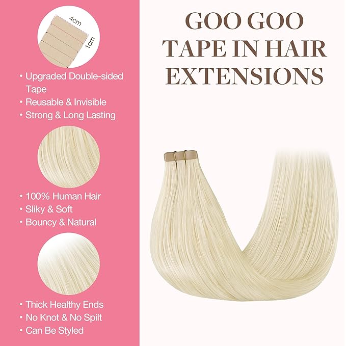 GOO GOO Tape in Hair Extensions Human Hair, 1000 Pure Platinum Blonde, 22inch 50g 20pcs, Skin Weft Seamless Invisible, Silky Straight with Thick Ends, Remy Human Hair