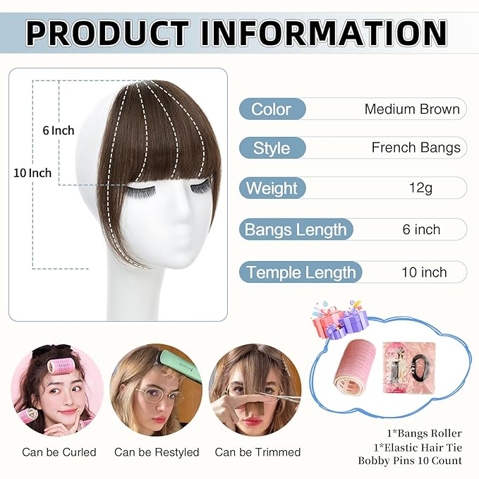 Clip In Bangs for Women, Medium Brown French Bangs Hair Clip with Temples, 100% Real Human Hair Layered Curved Fringe for Halloween and Daily Use(Medium Brown, French Bangs)