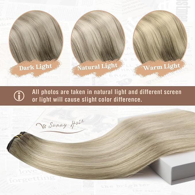 Ve Sunny Real Hair Extensions Clip in Human Hair Ash Grey Balayage Platinum Blonde Hair Extensions Clip ins Ombre Remy Straight Human Hair for Women 7pcs 120g 14 inch