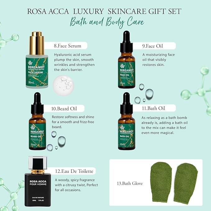 Christmas Gifts for Men, 30 Pcs Men Bergamot Facial Skin Care Set, Beard Grooming Kit, Spa and Bath, Self-Care Gift, Face Cleanser, Beard Oil, Serum, Parfume, Birthday, Valentines, Husband, Dad
