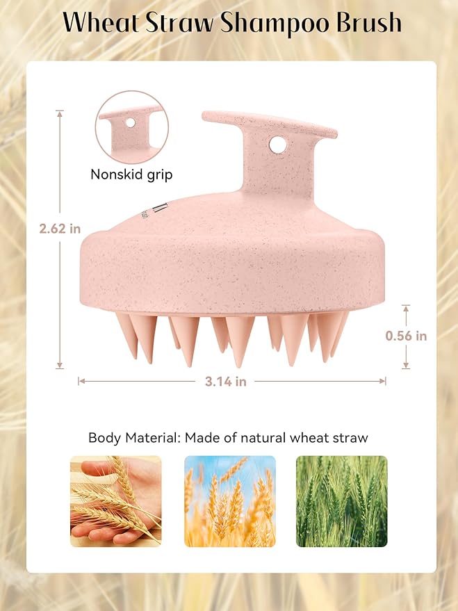 HEETA Scalp Massager Hair Growth, Silicone Scalp Scrubber Shampoo Brush for Exfoliation, Dandruff Removal & Head Massage Stress Relax, Wet & Dry Use for Thick, Thin Hair Care, Wheat Straw Light Pink