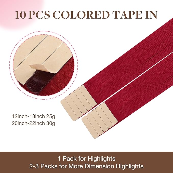 GOO GOO Tape in Hair Extensions Human Hair, Red, 20inch 30g 10pcs, Colored Tape ins Human Hair Extensions, Silky&Soft Invisible Tape Ins, Hair Highlighted for Party