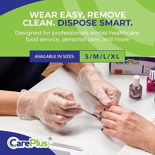 CARE PLUS Vinyl Gloves Clear Extra Large Size 200 Count | Heavy Duty, Non-Sterile, Powder-Free, Latex-Free Rubber | Food Prep, Kitchen & Cleaning Gloves, Ideal for Professional Use
