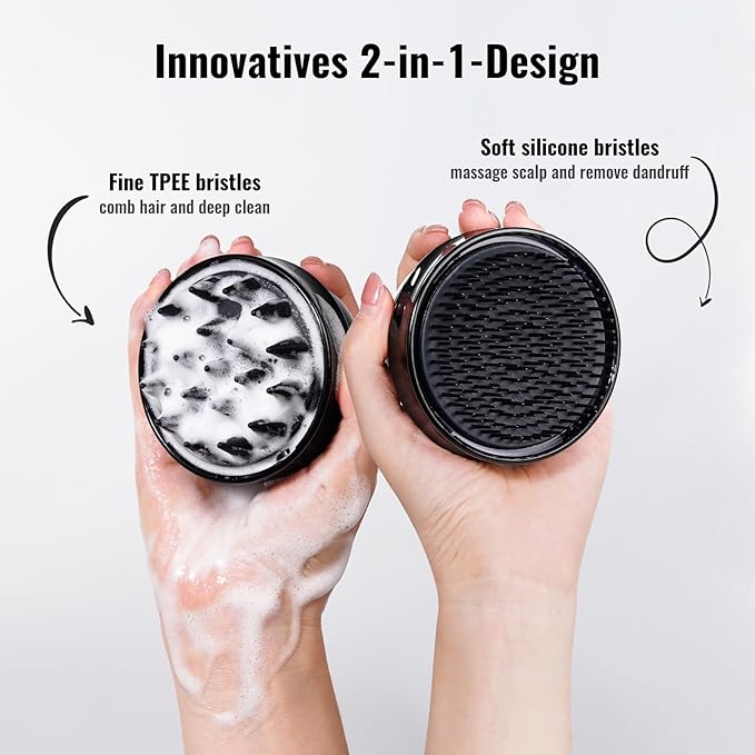 2 in 1 Scalp Massager Hair Growth,Scalp Scrubber with Soft Silicone Bristles for Dandruff Removal,Shampoo Brush for Exfoliation,Head Massager for Both Wet and Dry Use (Black)