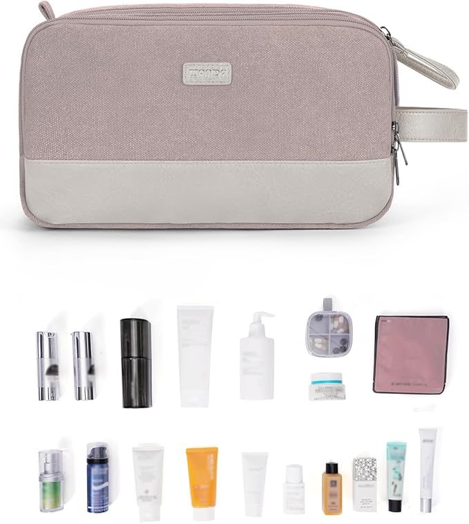 WANDF Toiletry Bag for Men Travel Toiletry Organizer Canvas and Leather Dopp Kit Water-Resistant Shaving Bag for Travel Accessories (Light Pink, Large)