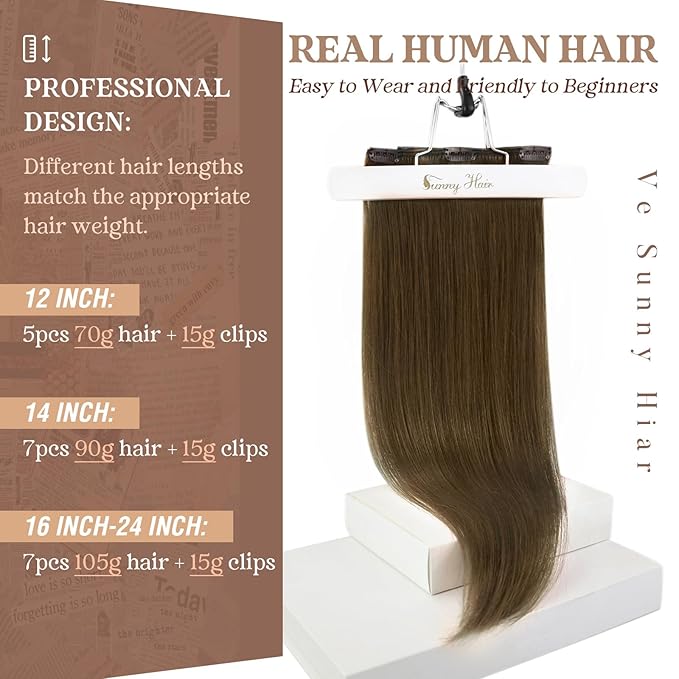 Ve Sunny Clip in Hair Extensions Cool Ash Brown Remy Human Hair Clip in Extensions Full Head Straight Real Hair Extensions For Women 7pcs 120g 18 inch