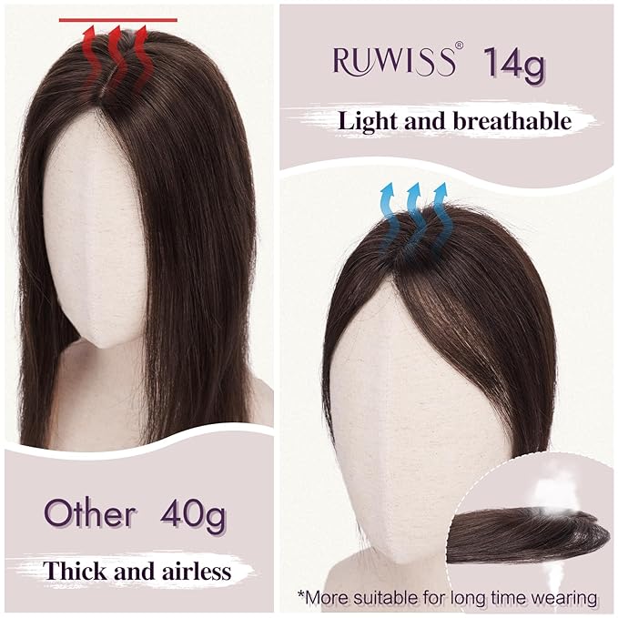 RUWISS Hair Toppers for Women Real Human Hair Lightweight Dark Brown with 15% Dark Cocoa Blonde Clip in Hair Piece for Thinning Hair Fluffy Straight Hair Topper without Bangs