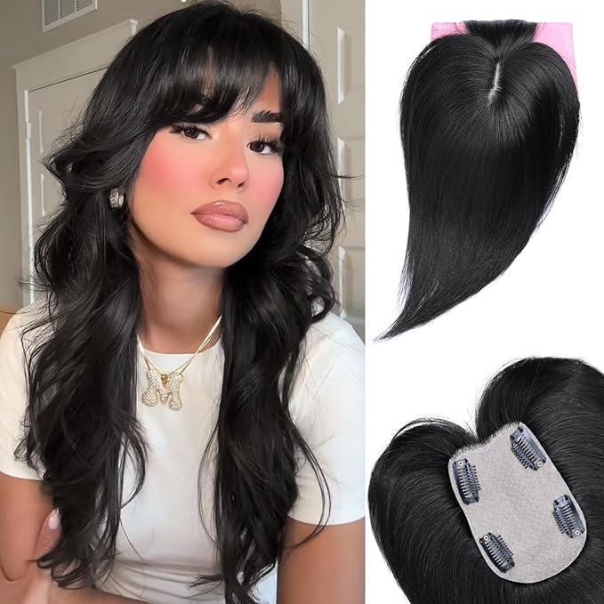 VERNA Real Human Hair Topper, 10 Inch 100％ Human Hair Toppers for Women with Thinning Hair, Large area Coverage Natural Black Hairpiece Wiglet for Daily Wear(8 * 11)