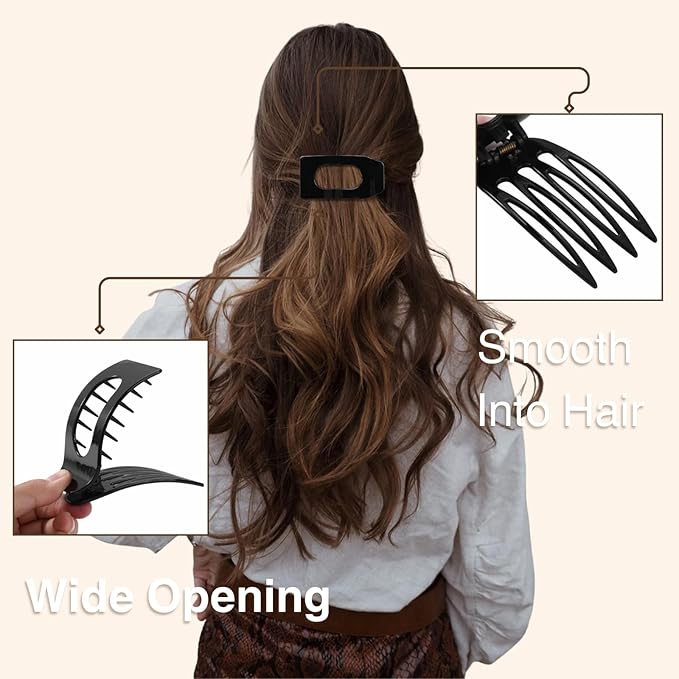 8 Pack Black Flat Hair Clips for Women – Large Glossy Rectangle No-Slip Claw Clips for Thick & Thin Hair, Strong Hold Square Hair Accessories for Work & Daily Styling