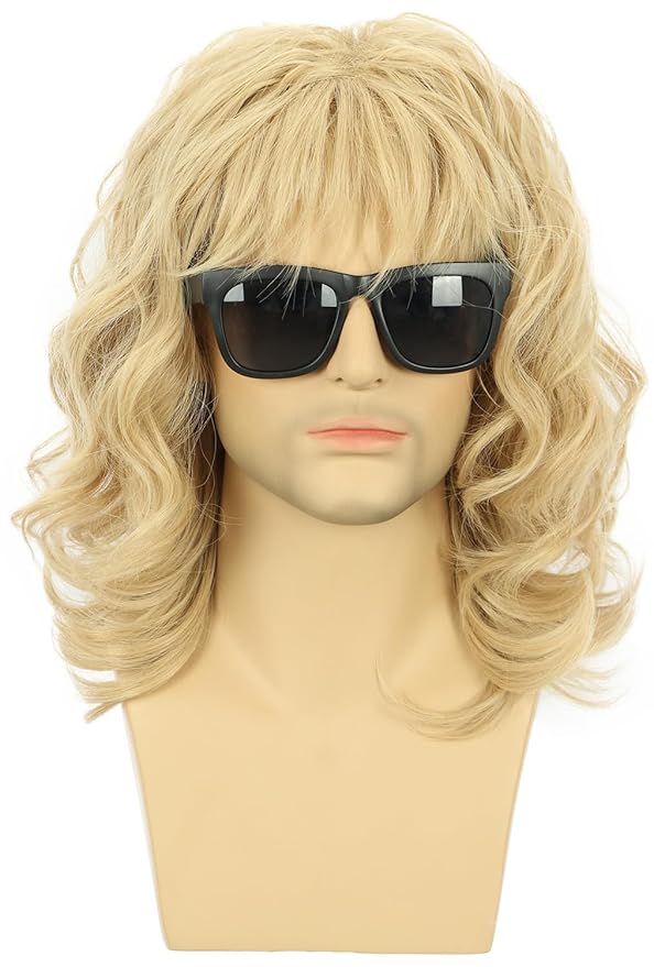 karlery California 70s 80s Rocker Wig Men Women Long Curly Blonde Halloween Costume Anime Wig