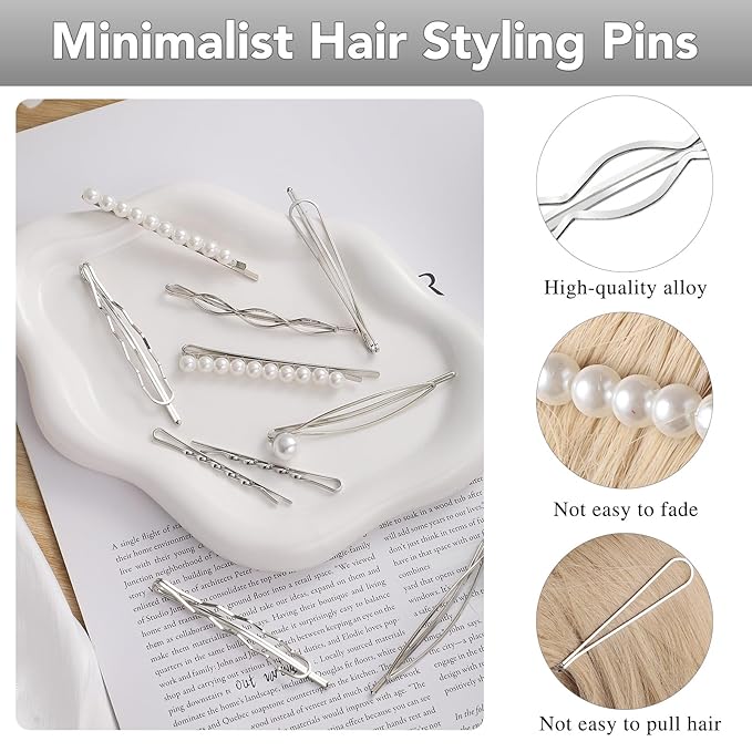 16 Pieces Geometric Metal Hair Pins, Silver Hair Pins Pearls Hair Clips Hair Barrettes Metal Bobby Pins for Woman Girls