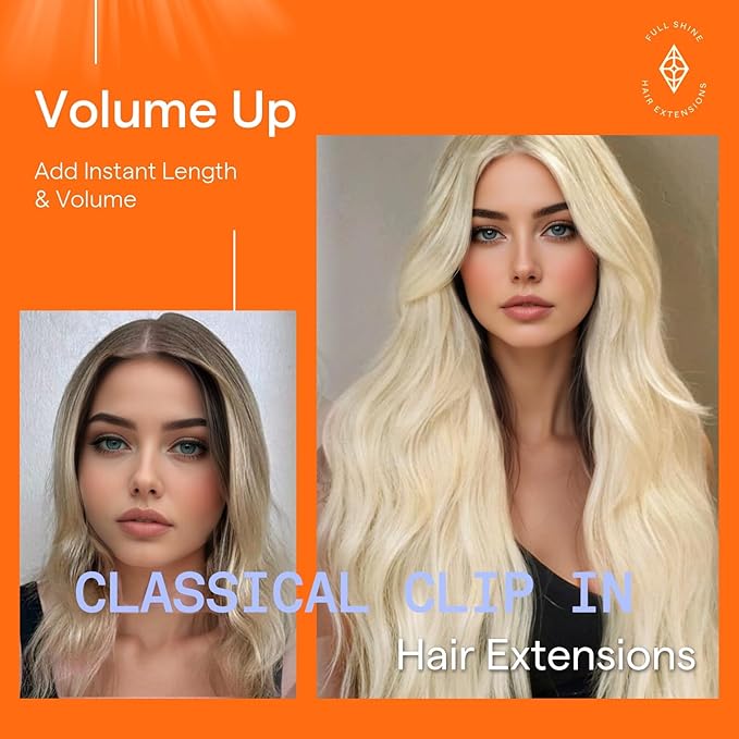 Full Shine Clip in Extensions Real Human Hair Blonde Extensions Clip in 16 Inch White Blonde Human Hair Extensions 7 Pcs 120 G