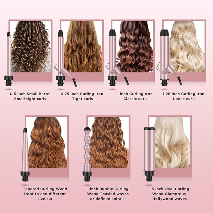 Curling Iron with Clamp PARWIN PRO BEAUTY 7 in 1 Curling Wand Set 0.5 to 1.5 Inch Interchangeable Barrels Adjustable Temp. Negative Ionic, Travel Dual Voltage 60mins Auto Shut Off, Rose Pink