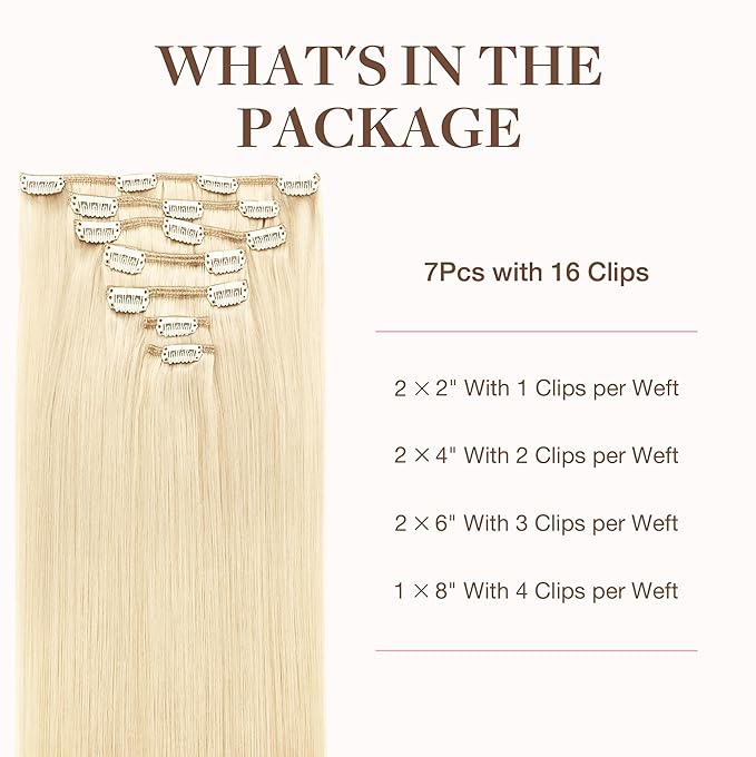 GOO GOO Clip in Hair Extensions Real Human Hair, Remy Human Hair Extensions Clip ins for Women, Natural Human Hair, 18inch 120g 7Pcs, 613R Bleach Blonde