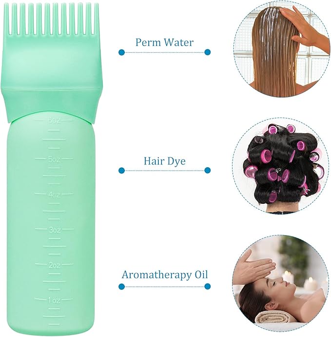 Cosywell 3 Pack Hair Oil Applicator Bottle 6 Ounce Root Comb Applicator Bottle Hair Dye Applicator Brush for Hair Root Comb Color with Graduated Scale(Black Blue Green)