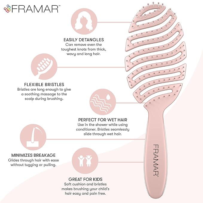 FRAMAR Vented Pink Hair Brush For Women – Flex Brush, Wet Hair Brush Detangler, Wet Hairbrush For Women, Detangle Brush, Brushes For Hair, Hairbrushes – Vented Design For Faster Drying Time