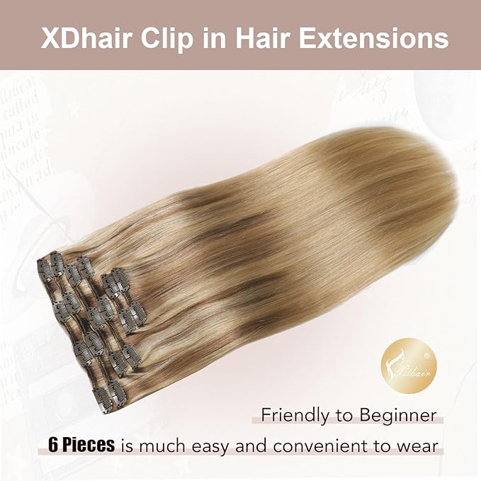 XDhair Human Hair Clip in Extensions 120g 20 Inch Balayage Blonde Human Hair Extensions Clips ins Golden Brown to Light Blonde Clip in Hair Extensions for Women #10/27/27 20 Inch