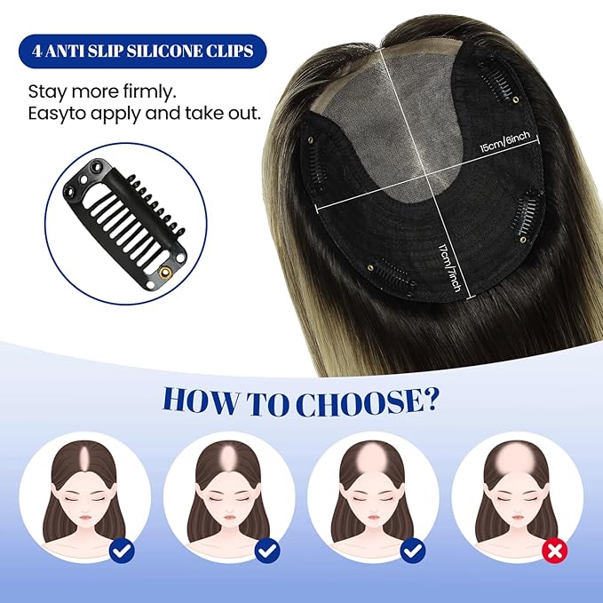WORLDSTAR Hair Toppers for Women Real Human Hair 6 * 7 Inch Base 14Inch 65g #1B/4/27 Natural Black Ombre Brown with Caramel Blonde Hair Topper for Women with Thinning or Grey Roots (tp#1B/4/27-14)