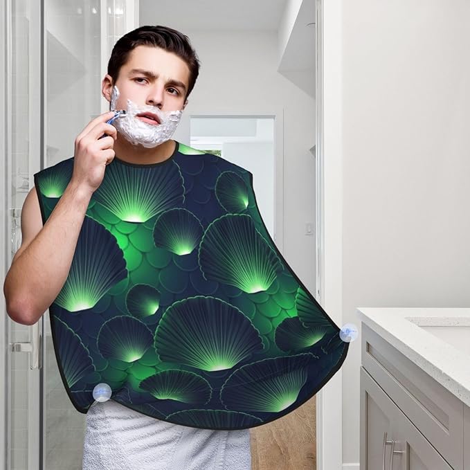 Adjustable Beard Bib, Non-Stick Hair Catcher Cape for Men's Shaving, Waterproof with 2 Suction Cups, Green Scales Mermaid Dragon Shave Bib