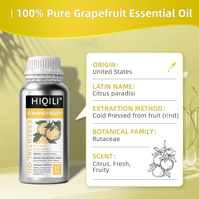 HIQILI 16 Fl Oz Grapefruit Essential Oil, for Diffuser, Skin Care, 100% Pure and Natural