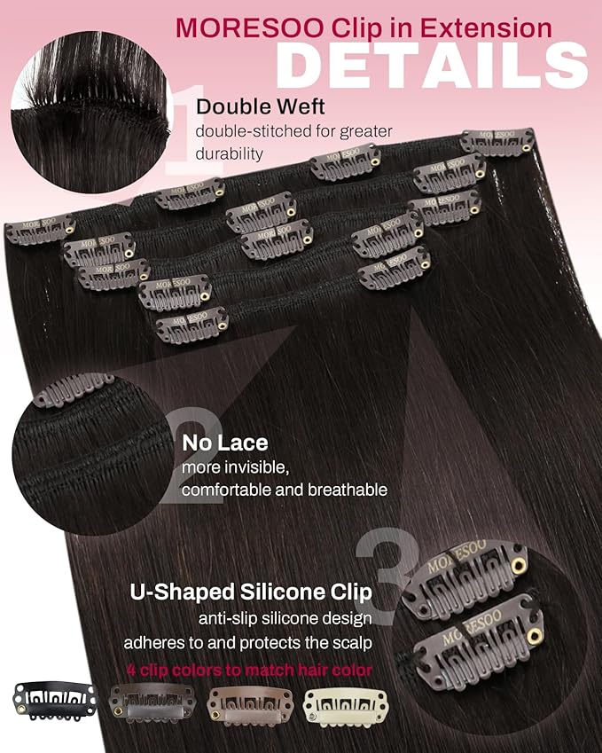 Moresoo Dark Brown Hair Extensions Clip ins Short Double Weft Clip in Extensions Real Human Hair Brown for Women Straight 80g/5pcs 12 inch