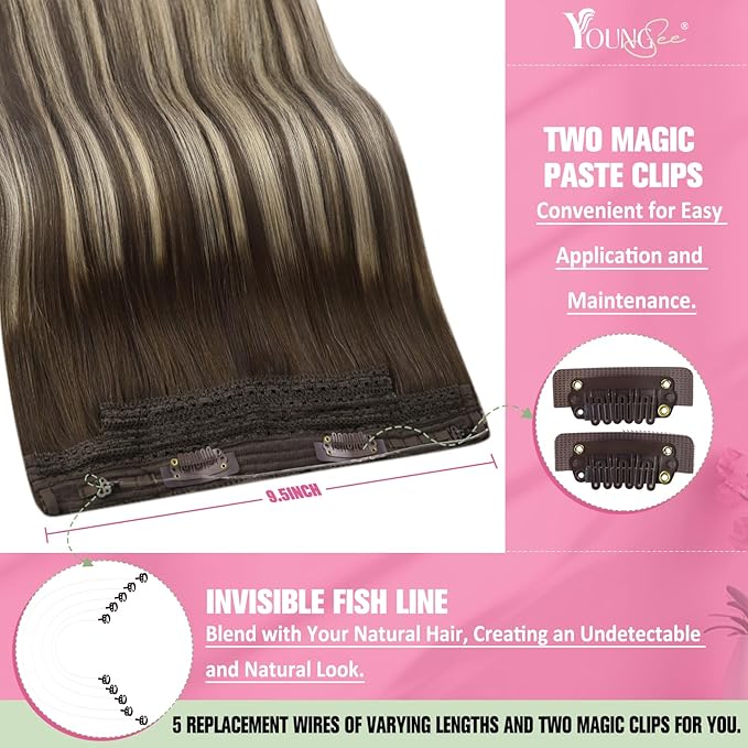 YoungSee 130G Wire Human Hair Extensions Brown Balayage Invisible Wire Hair Extensions Ombre Dark Brown with Ash Blonde Thick Human Hair Fish Line Extensions for Women 20Inch