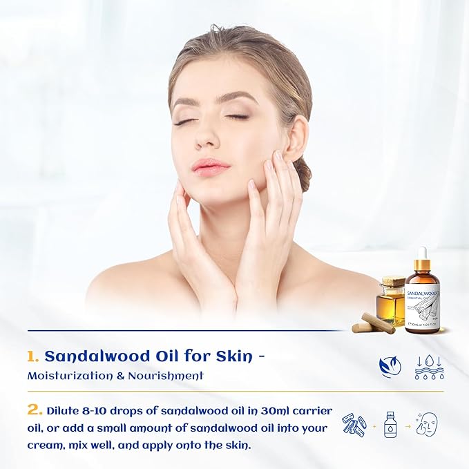 HIQILI Sandalwood Essential Oils 1 Fl Oz, 100% Pure Natural Therapeutic Grade for Skin, Diffuser, Perfume, Candle Soap Making, Includes Premium Quality Glass Dropper