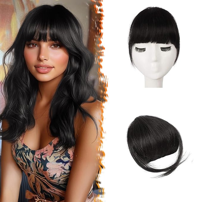 BARSDAR Real Human Hair Clip in Bangs - Natural Black Clip in Human Hair Bangs for Women - Natural Black Thick Bangs Extensions Fringe with Temples Real Hair Bangs Hairpieces