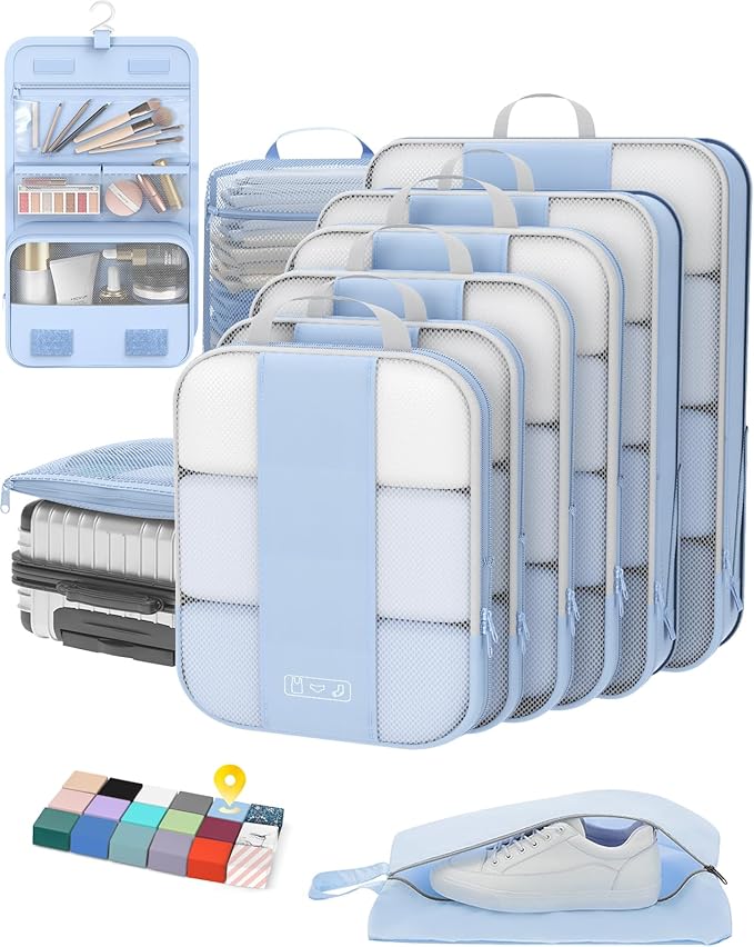 10 Set Compression Packing Cubes for Travel Essentials,Compressible Expandable Packing Cubes for Suitcase,OlarHike Luggage Organizer Bags for Travel,Handy Helper for Organizing Clothes(Light Blue)