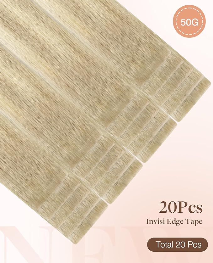 GOO GOO Invisi Edge Tape in Hair Extensions Human Hair, 18ET90A Natural Blonde Balayage 20pcs 22inch 50g, Virgin Remy Hair, Seamless Injected Tape, Natural Look