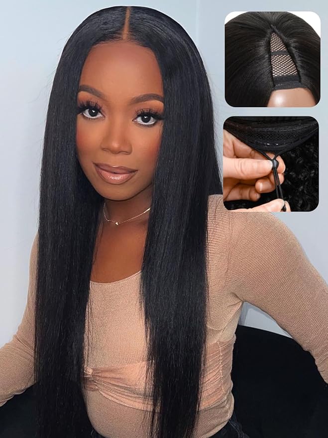 YIROO EasiContour V Part Wigs Human Hair Yaki Straight Human Hair Wigs No Leave Out Glueless Upgraded U Part Wigs for Women V Shape Clip in Vpart Wig No Sew in No Glue Beginner Friendly 22 inch